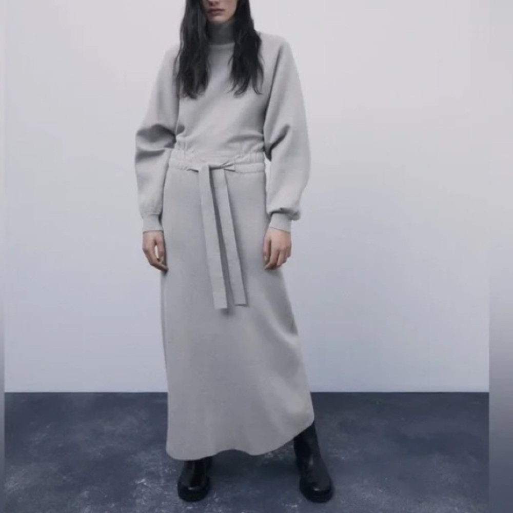Zara Gray Knitted Tie Waist Dress